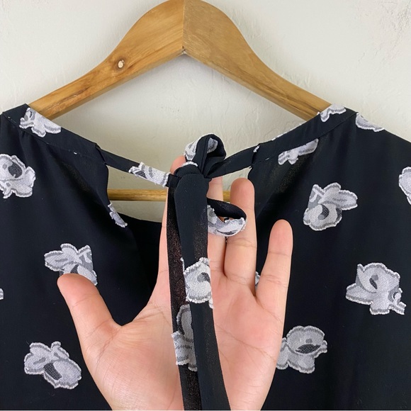 Loft Size Small Black Sheer Chiffon Grey Floral Full Sleeve Ruffle Hem Blouse - Picture 5 of 7
